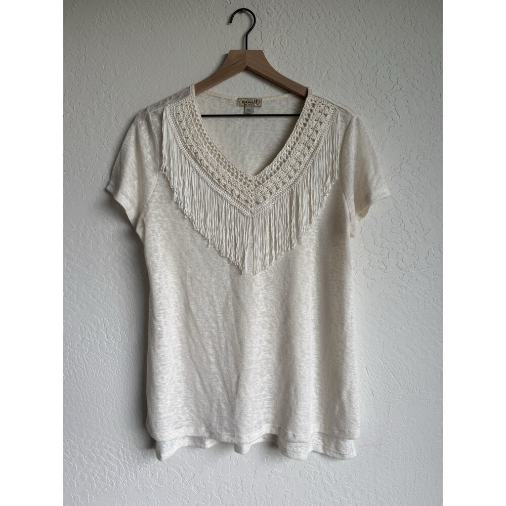 One World Fringe Crochet V-Neck Top Women’s Size Large Cream Boho Western